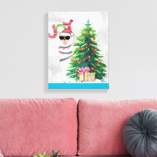 Cool Llama op Silver Bokeh en Icy Blue Kerstmis Canvas Afdruk (Insitu (Woonkamer))