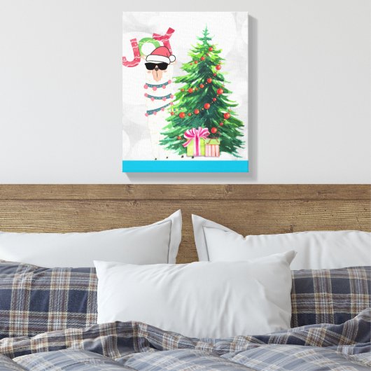 Cool Llama op Silver Bokeh en Icy Blue Kerstmis Canvas Afdruk (Insitu (Slaapkamer))