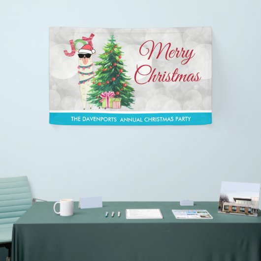 Cool Llama op Silver Bokeh en Icy Blue Kerstmis Spandoek (Beurs)