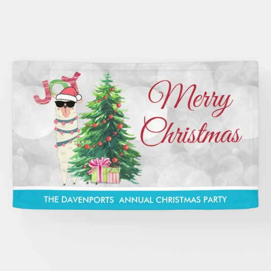 Cool Llama op Silver Bokeh en Icy Blue Kerstmis Spandoek (Horizontaal)