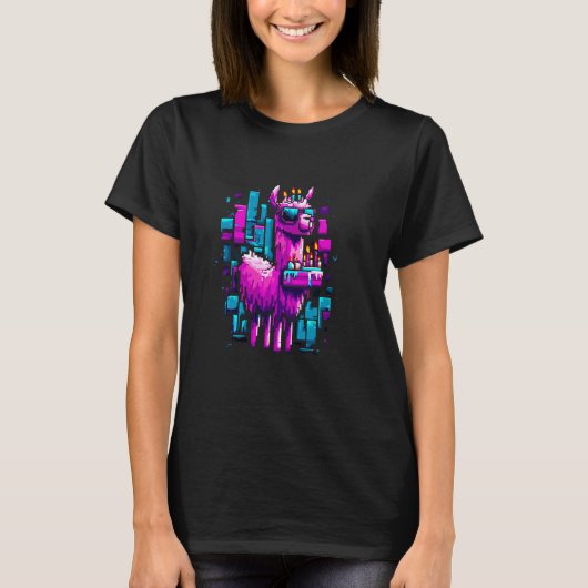 Cool Llama Verjaardag Pixel Art Viering T-shirt (Voorkant)