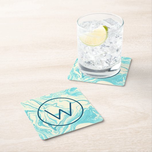 Cool Marble Design in Turquoise en Cream Monogram Kartonnen Onderzetters (Insitu)
