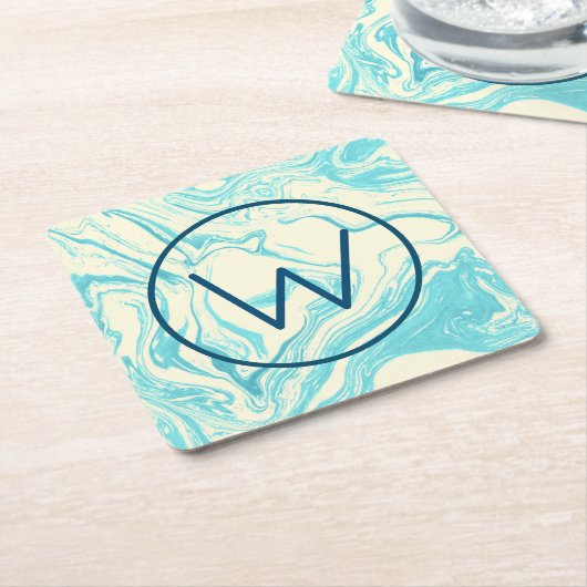 Cool Marble Design in Turquoise en Cream Monogram Kartonnen Onderzetters (Schuin)