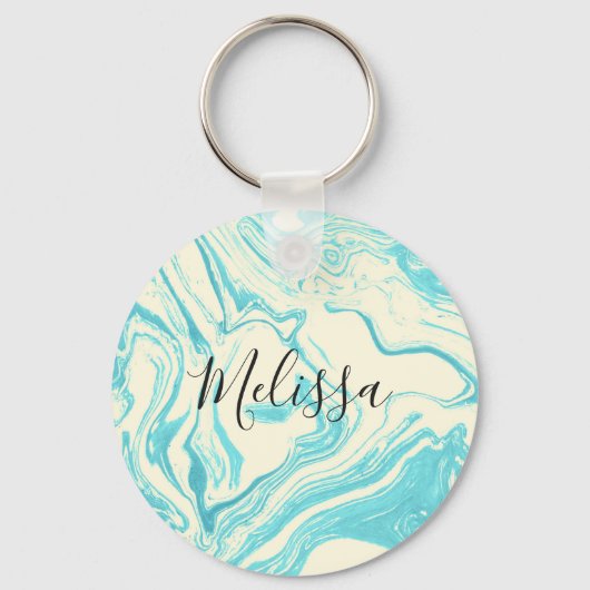 Cool Marble Design in Turquoise en Cream Monogram Sleutelhanger (Voorkant)