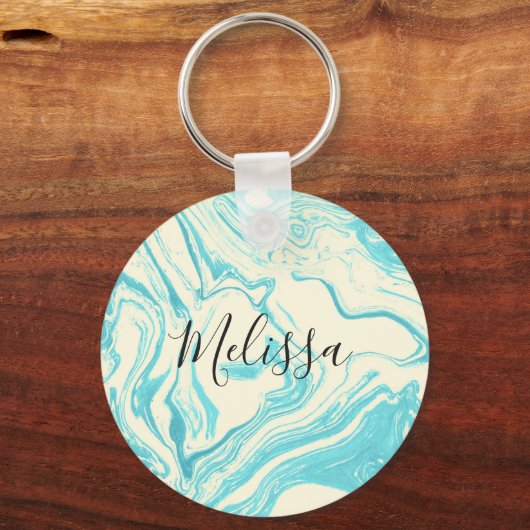 Cool Marble Design in Turquoise en Cream Monogram Sleutelhanger (Voorkant)