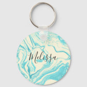 Cool Marble Design in Turquoise en Cream Monogram Sleutelhanger (Achterkant)