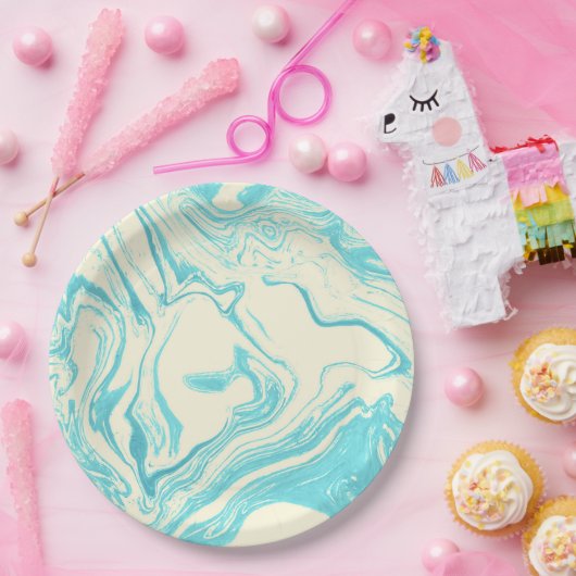 Cool Marble Design in Turquoise en Cream Papieren Bordje (Feest)