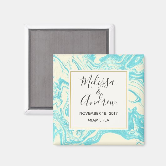 Cool Marble Design in Turquoise en Cream Wedding Magneet (Voorkant / Achterkant)