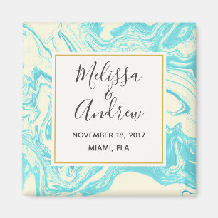 Cool Marble Design in Turquoise en Cream Wedding Magneet