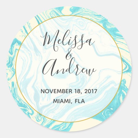 Cool Marble Design in Turquoise en Cream Wedding Ronde Sticker (Voorkant)