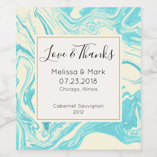 Cool Marble Design in Turquoise en Cream Wedding Wijn Etiket (Enkel label)