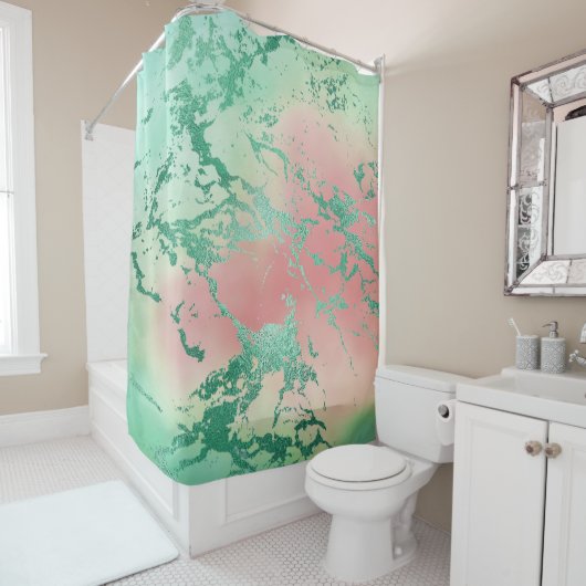 Cool Marble | Mooie pastelkoraal en groene ombre Douchegordijn (In situ)