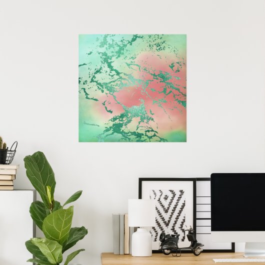 Cool Marble | Mooie pastelkoraal en groene ombre Poster (Thuiskantoor)