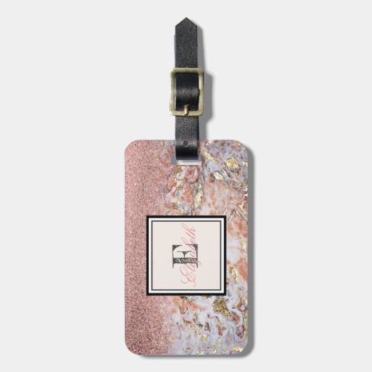 Cool Marble Ombre Glitter Monogram-Gepersonaliseer Bagagelabel (Voorkant verticaal)