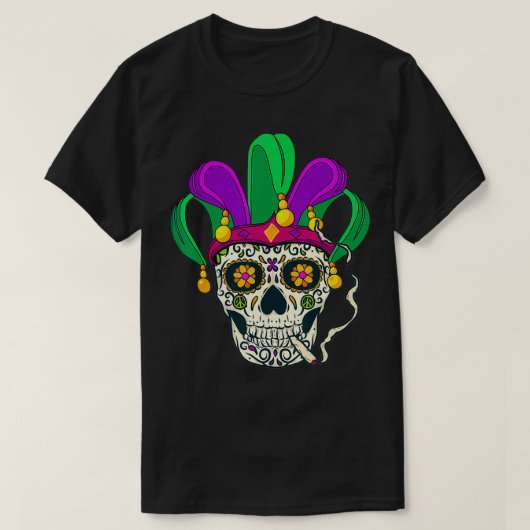 Cool Mardi Gras Candy Skull Wearing Mardi Gras Hat T-shirt (Design voorkant)