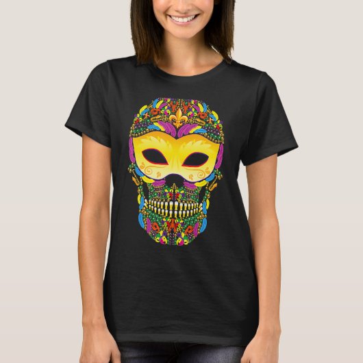 Cool Mardi Gras Skull Jester Pet Gemaskerde kralen T-shirt (Voorkant)