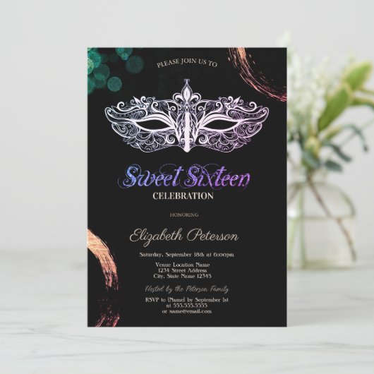 Cool Masquerade Sweet 16 Uitnodiging (Staand voorkant)