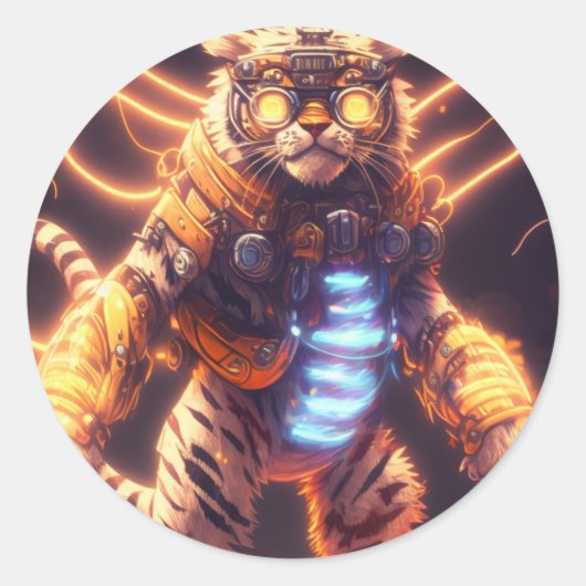 Cool Mecha Tiger met Cyborg Steampunk Style Ronde Sticker (Voorkant)