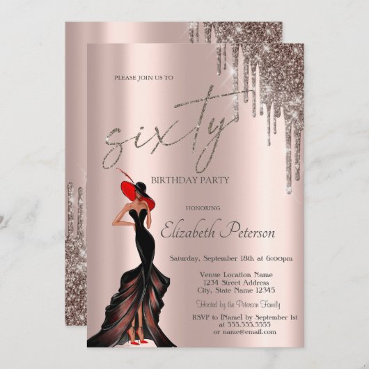 Cool Meisje, Glitter Drips Roos Gold 60th Kaart (Voorkant / Achterkant)