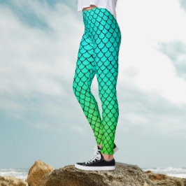 Cool Mermaid Aqua Blue Gradient Fish Scale Pattern Leggings