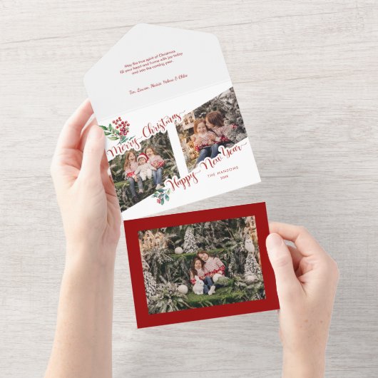 Cool Merry Christmas kalligrafie Holly 2-foto All In One Uitnodiging (Afscheurbaar)