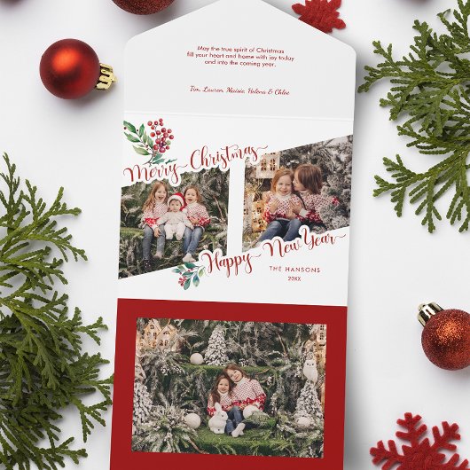 Cool Merry Christmas kalligrafie Holly 2-foto All In One Uitnodiging