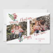 Cool Merry Christmas kalligrafie Holly 2-foto Feestdagenkaart (Voorkant)