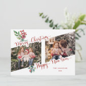 Cool Merry Christmas kalligrafie Holly 2-foto Feestdagenkaart (Staand voorkant)
