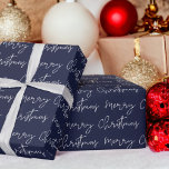 Cool Merry Christmas script lettertype blauw patro Cadeaupapier<br><div class="desc">Vrolijk Kerstmisschrift typografie wit op marineblauw patroon,  alle kleuren zijn bewerkbaar, </div>