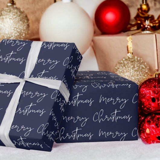Cool Merry Christmas script lettertype blauw patro Cadeaupapier