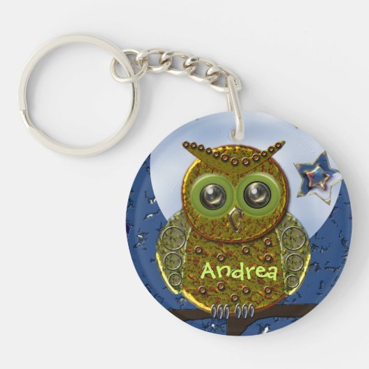 Cool Metal Owl sleutelhanger met naam (Voorkant)