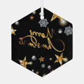 Cool Metallic Gold Black Stars Merry Xmas script Glas Ornament (Achterkant)