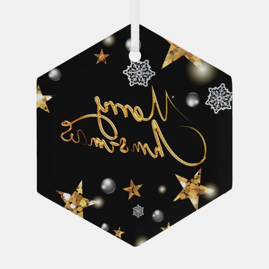 Cool Metallic Gold Black Stars Merry Xmas script Glas Ornament (Achterkant)