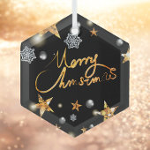 Cool Metallic Gold Black Stars Merry Xmas script Glas Ornament