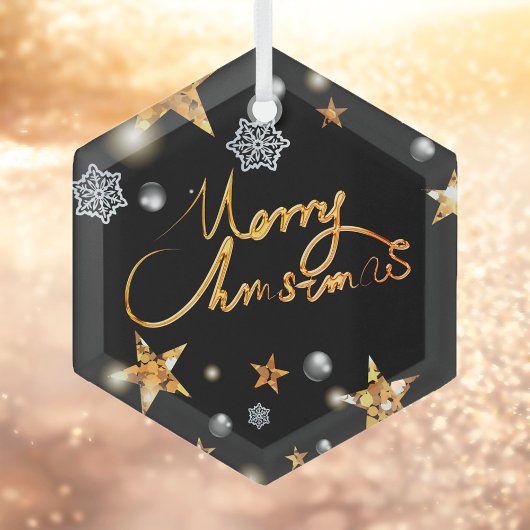 Cool Metallic Gold Black Stars Merry Xmas script Glas Ornament