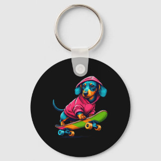 Cool Miniature Dachshund Dog Skateboarding Illustr Sleutelhanger