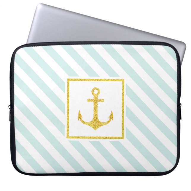 Cool Mint White Stripes Golden Anchor Laptop Sleeve (Voorkant)
