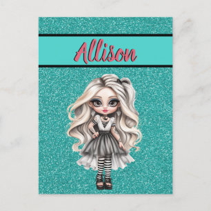 Cool Mode Meisje Turquoise Glitter Gepersonaliseer Briefkaart