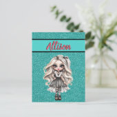 Cool Mode Meisje Turquoise Glitter Gepersonaliseer Briefkaart (Staand voorkant)
