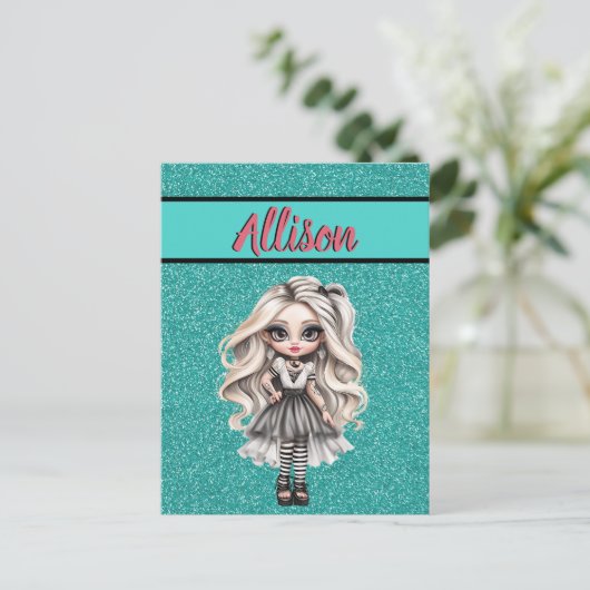 Cool Mode Meisje Turquoise Glitter Gepersonaliseer Briefkaart (Staand voorkant)