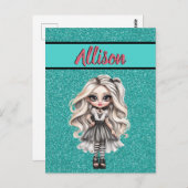 Cool Mode Meisje Turquoise Glitter Gepersonaliseer Briefkaart (Voorkant / Achterkant)