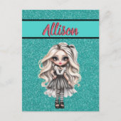 Cool Mode Meisje Turquoise Glitter Gepersonaliseer Briefkaart (Voorkant)