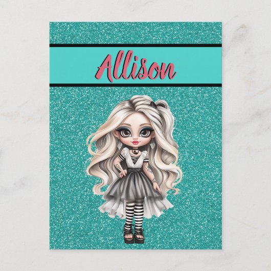 Cool Mode Meisje Turquoise Glitter Gepersonaliseer Briefkaart (Voorkant)
