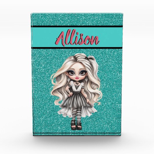 Cool Mode Meisje Turquoise Glitter Gepersonaliseer Fotoblokken (Voorkant)