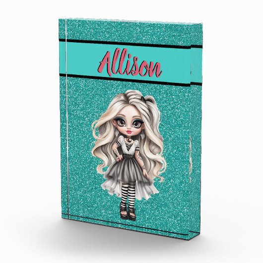 Cool Mode Meisje Turquoise Glitter Gepersonaliseer Fotoblokken (Rechts)