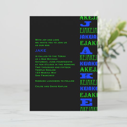Cool Modern Bar Mitzvah Invitation Black Blue Kaart (Staand voorkant)