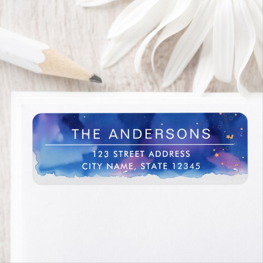 Cool Modern Blue Minimal Sterrennacht Waterverf Etiket (Insitu)