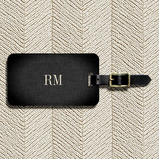 Cool Modern Elegant Black Linen Monogram Adres Bagagelabel