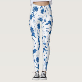 Cool Modern Elegant Blue Floral Toile Leggings