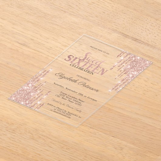 Cool Modern Glitter Drips Roos Gold Sweet 16 Acryl Uitnodigingen (Laagn)